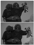 Miniature Costume Screen-Used for Long Shots in Cyclops Sequence in ''The Three Stooges Meet Hercules'' -- With 10'' x 8'' Photo of Moe on Set -- Intentional Distressing to Shirt, Overall Very Good